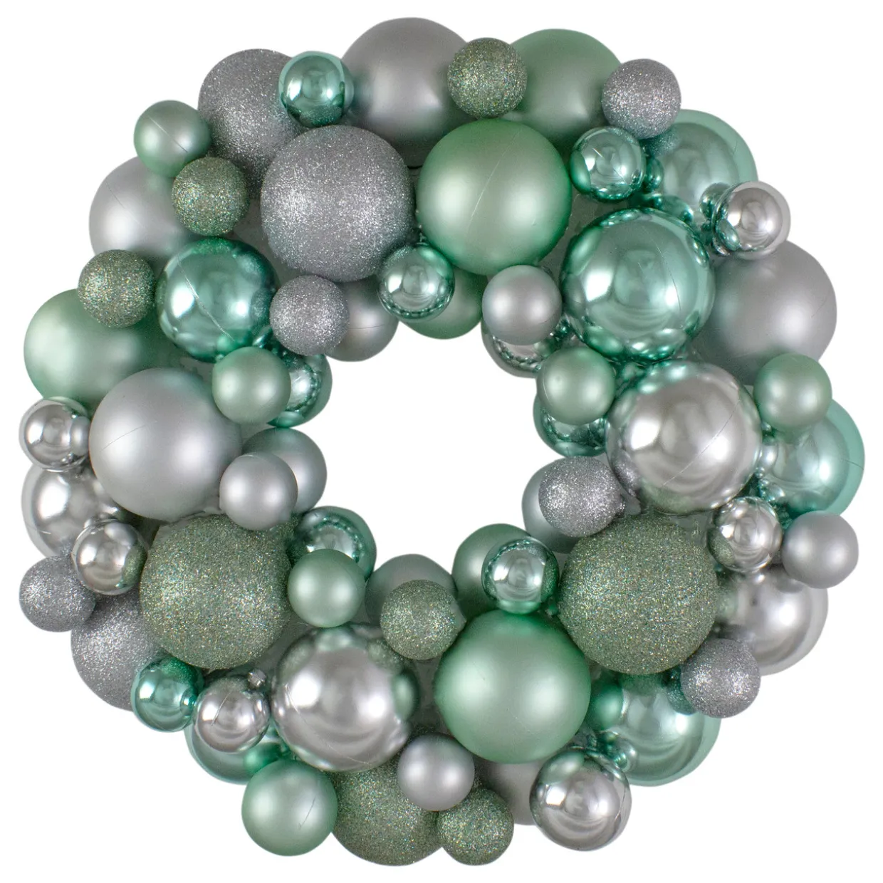 Silver and Seafoam Green 3-Finish Shatterproof Ball Christmas Wreath, 13-Inch