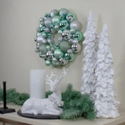 Silver and Seafoam Green 3-Finish Shatterproof Ball Christmas Wreath, 13-Inch
