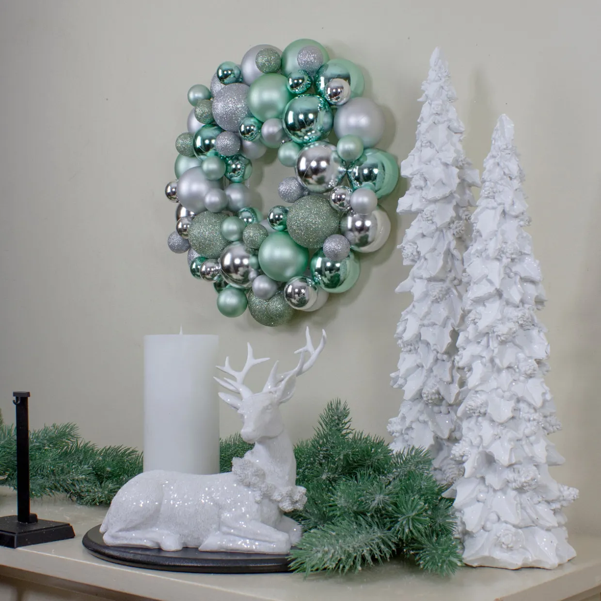 Silver and Seafoam Green 3-Finish Shatterproof Ball Christmas Wreath, 13-Inch