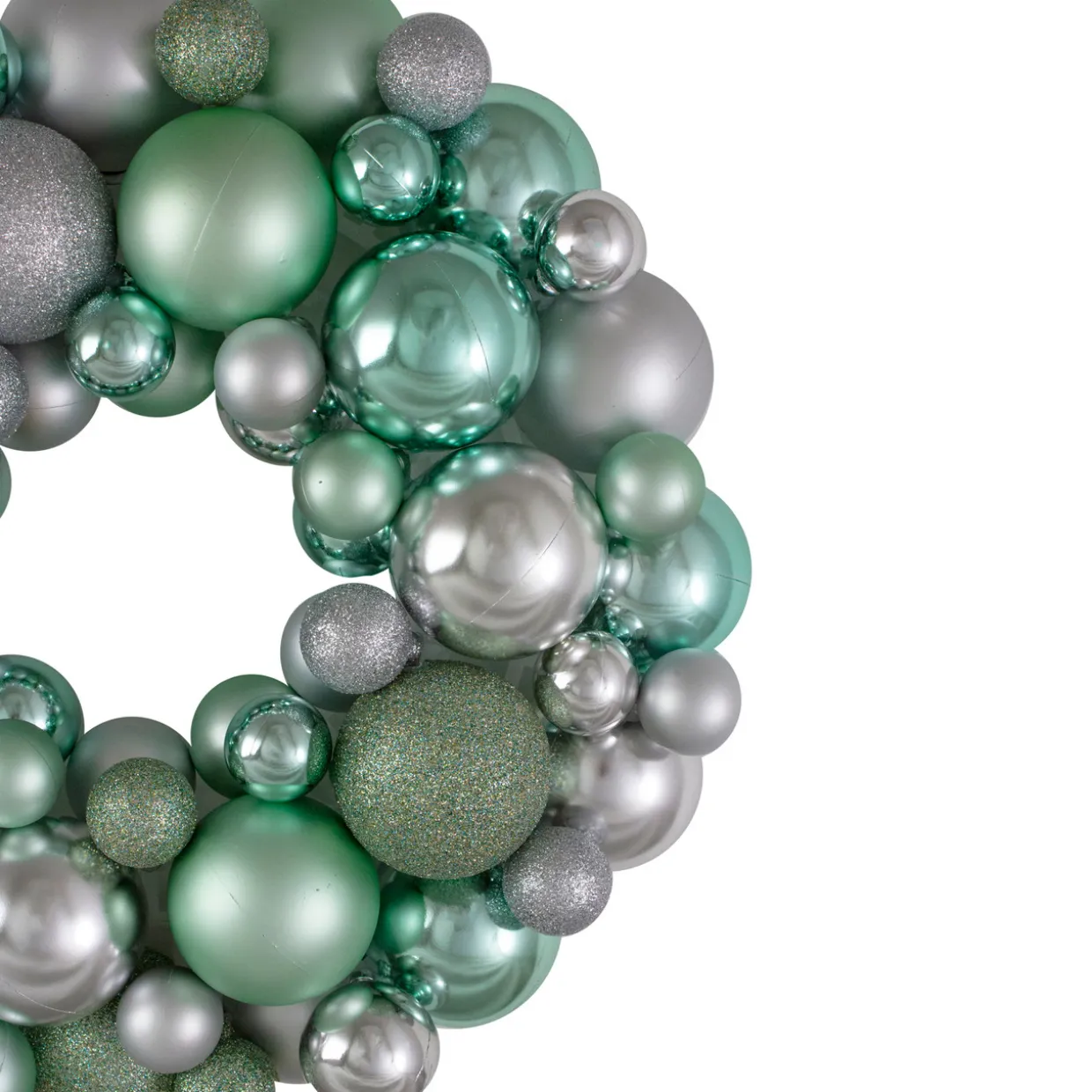Silver and Seafoam Green 3-Finish Shatterproof Ball Christmas Wreath, 13-Inch