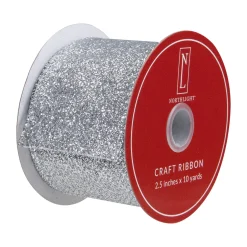 Silver Glittered Christmas Wired Craft Ribbon 2.5