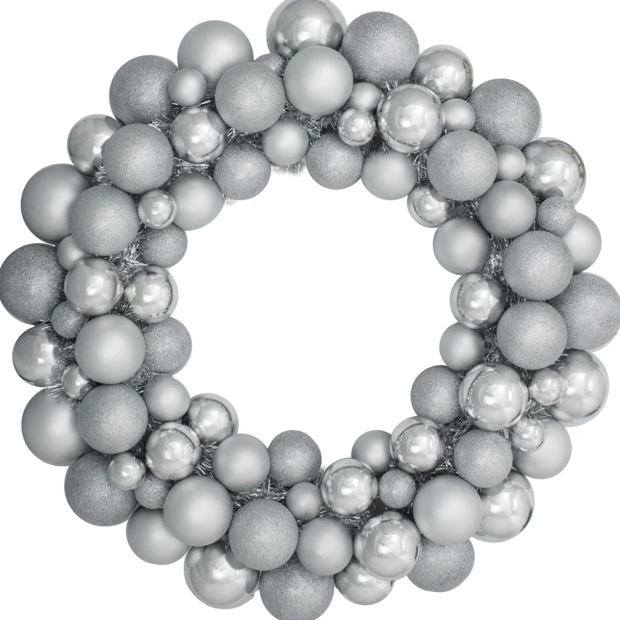 Silver Splendor 3-Finish Shatterproof Ball Christmas Wreath 24" - Unlit