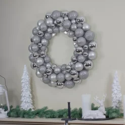 Silver Splendor 3-Finish Shatterproof Ball Christmas Wreath 24" - Unlit