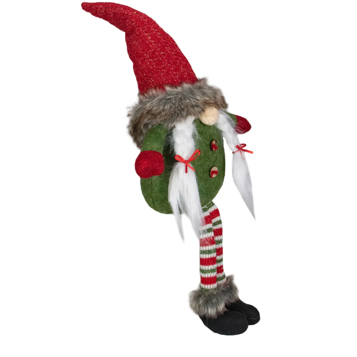 Sitting Female Gnome with Pigtails and Dangling Legs Christmas Figurine - 25"