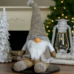 Sitting Plush Faux Fur Gnome Christmas Figure - 17" - Gray and Beige