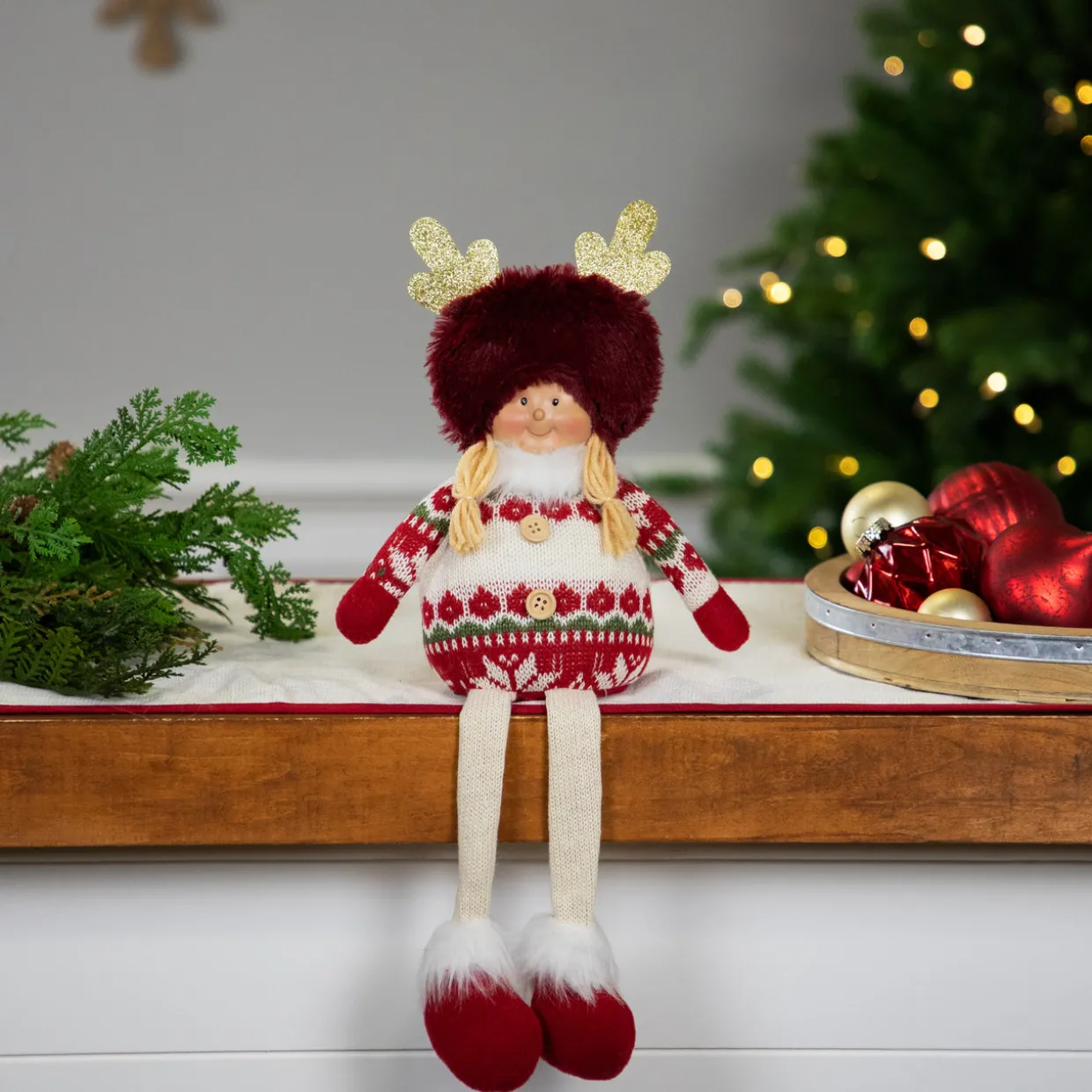 Sitting Plush Girl with Dangling Legs Christmas Figure - 16" - Cream and Red