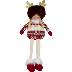 Sitting Plush Girl with Dangling Legs Christmas Figure - 16" - Cream and Red
