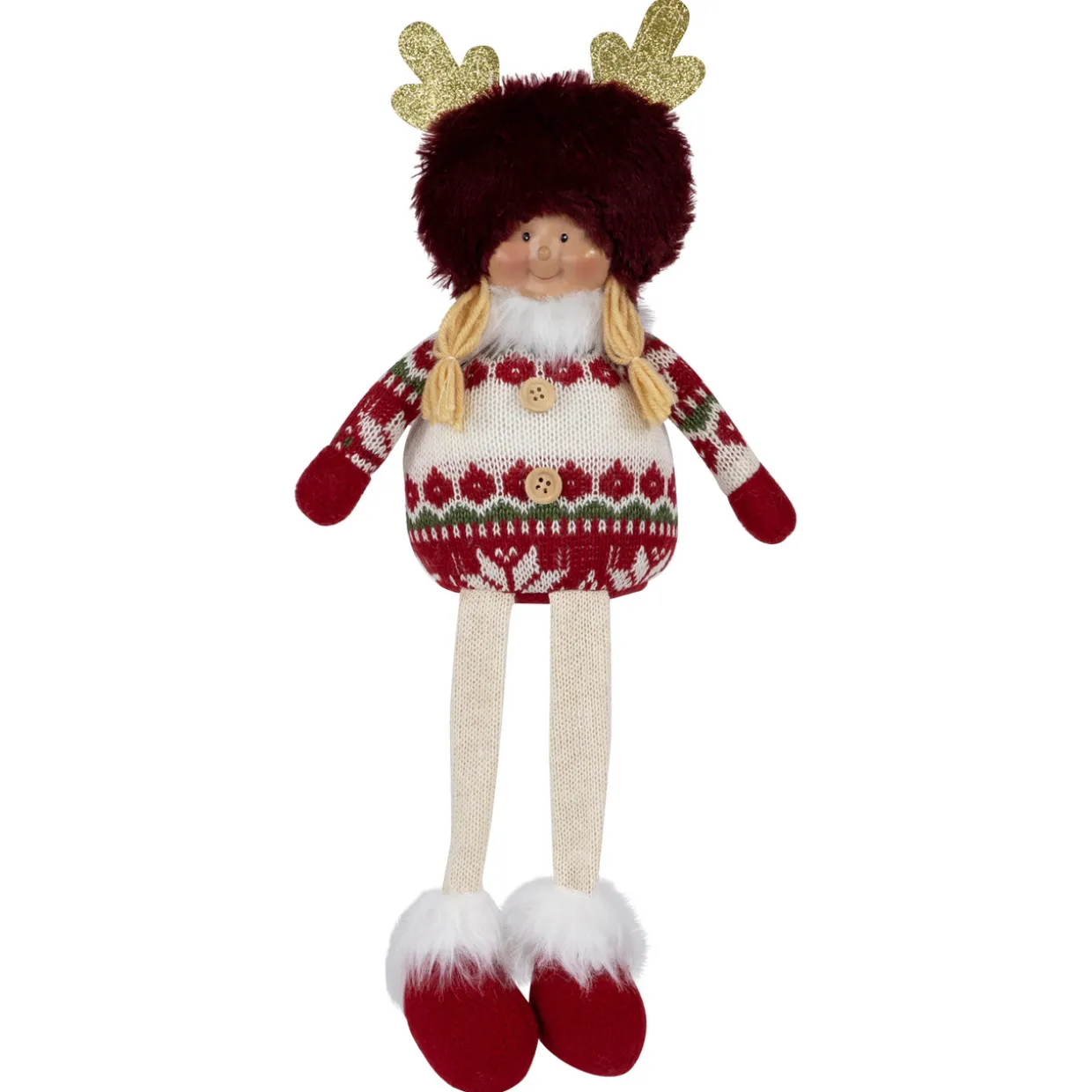 Sitting Plush Girl with Dangling Legs Christmas Figure - 16" - Cream and Red