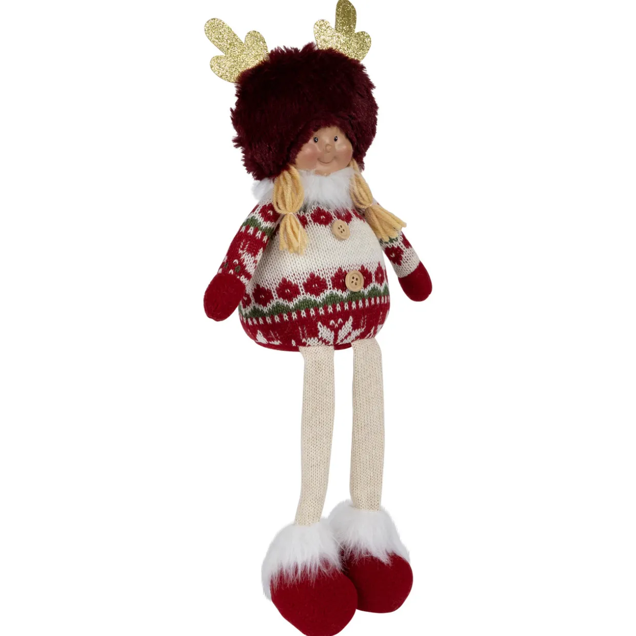 Sitting Plush Girl with Dangling Legs Christmas Figure - 16" - Cream and Red