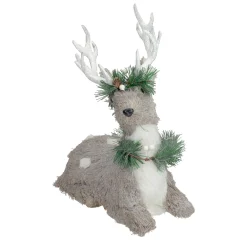 Sitting Sisal Reindeer with Wreath Christmas Figure - 12.75" - Gray