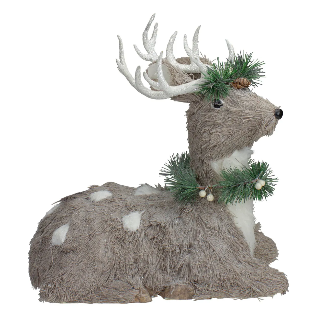 Sitting Sisal Reindeer with Wreath Christmas Figure - 14" - Gray