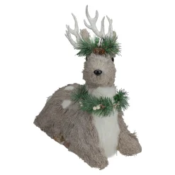 Sitting Sisal Reindeer with Wreath Christmas Figure - 14" - Gray