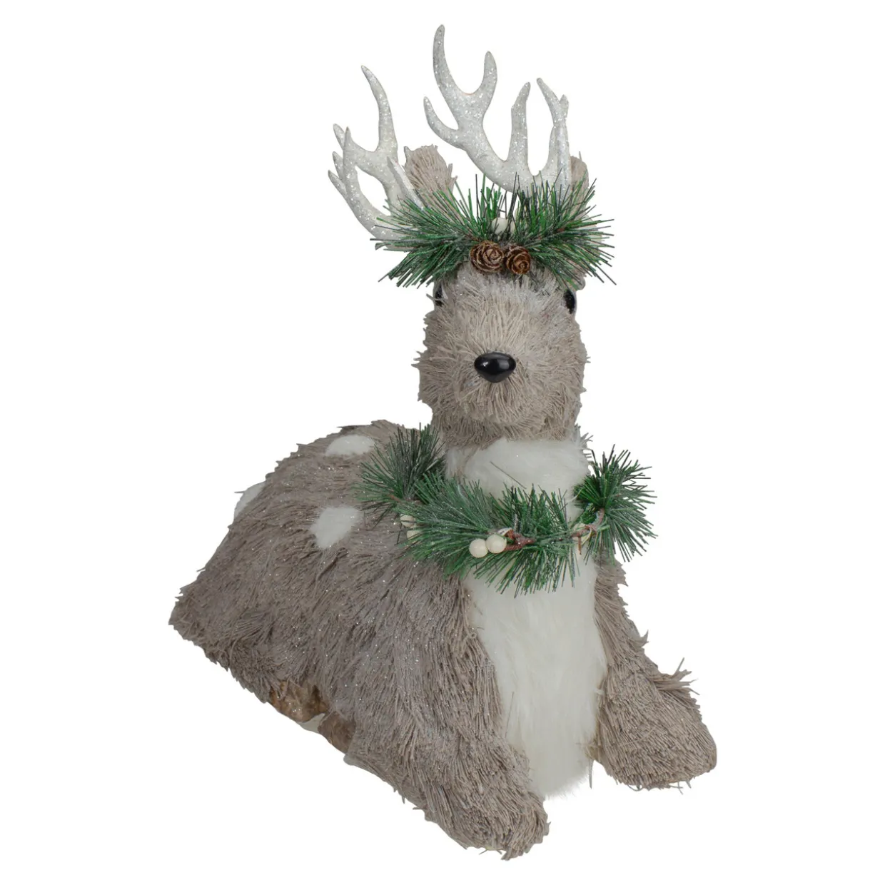 Sitting Sisal Reindeer with Wreath Christmas Figure - 14" - Gray