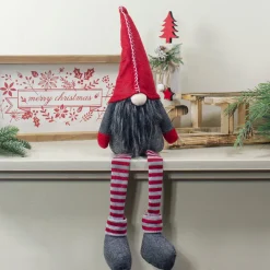 Sitting Striped Gnome Christmas Figure - 22" - Red and Gray