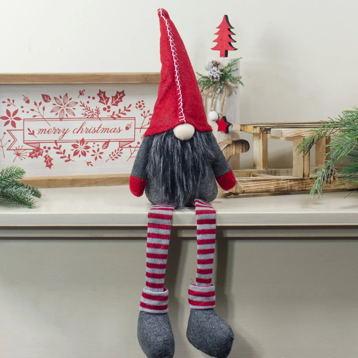 Sitting Striped Gnome Christmas Figure - 22" - Red and Gray