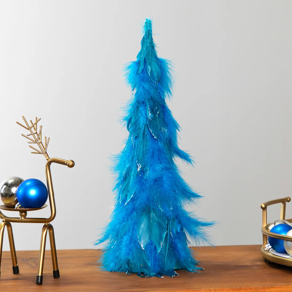 Small Two-Tone Layered Feathers Cone Tree Christmas Decoration - 16" - Turquoise