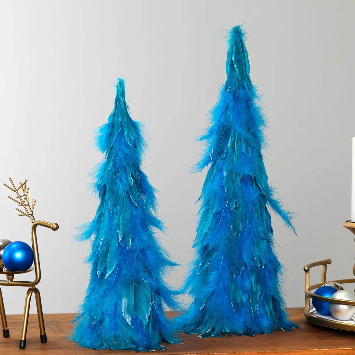 Small Two-Tone Layered Feathers Cone Tree Christmas Decoration - 16" - Turquoise