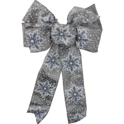 Snowflake 6-Loop Christmas Bow Decoration - 9" x 14" - Gray and White
