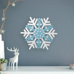 Snowflake Wooden Christmas Wall Decoration - 11.75" - White and Blue