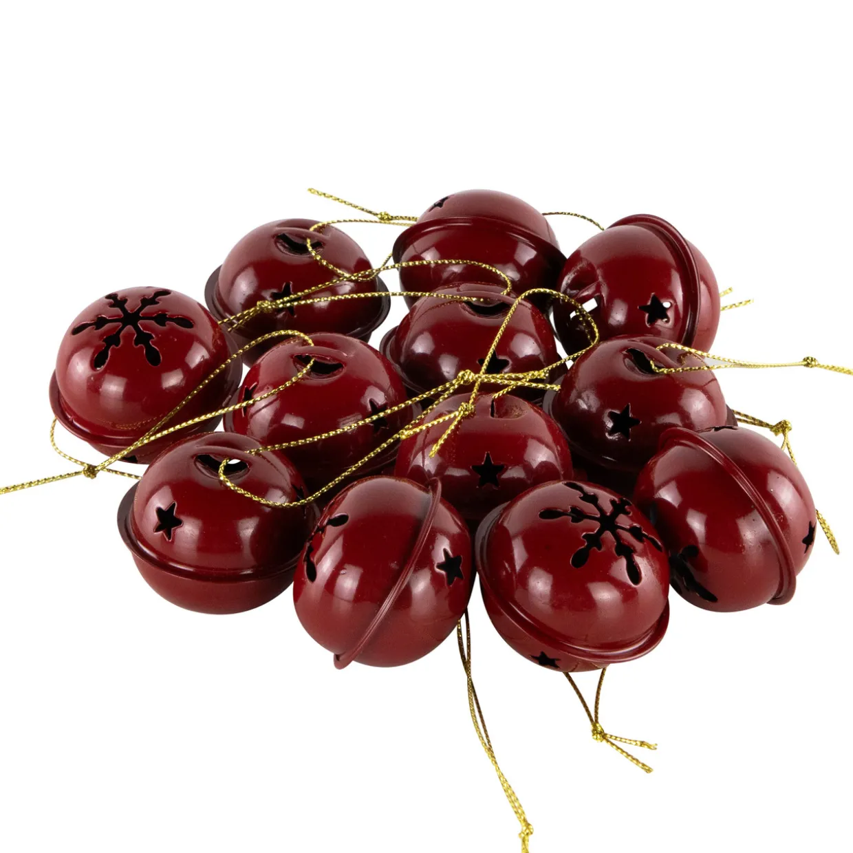 Snowflakes and Stars Christmas Jingle Bell Ornaments - 1.5" - Burgundy - 12ct