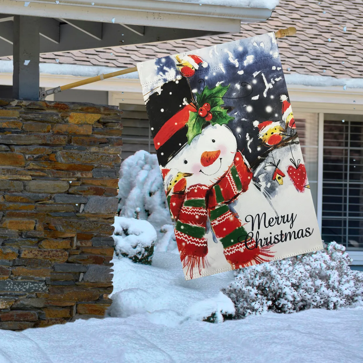 Snowman and Yellow Birds Merry Christmas Outdoor House Flag 28" x 40"