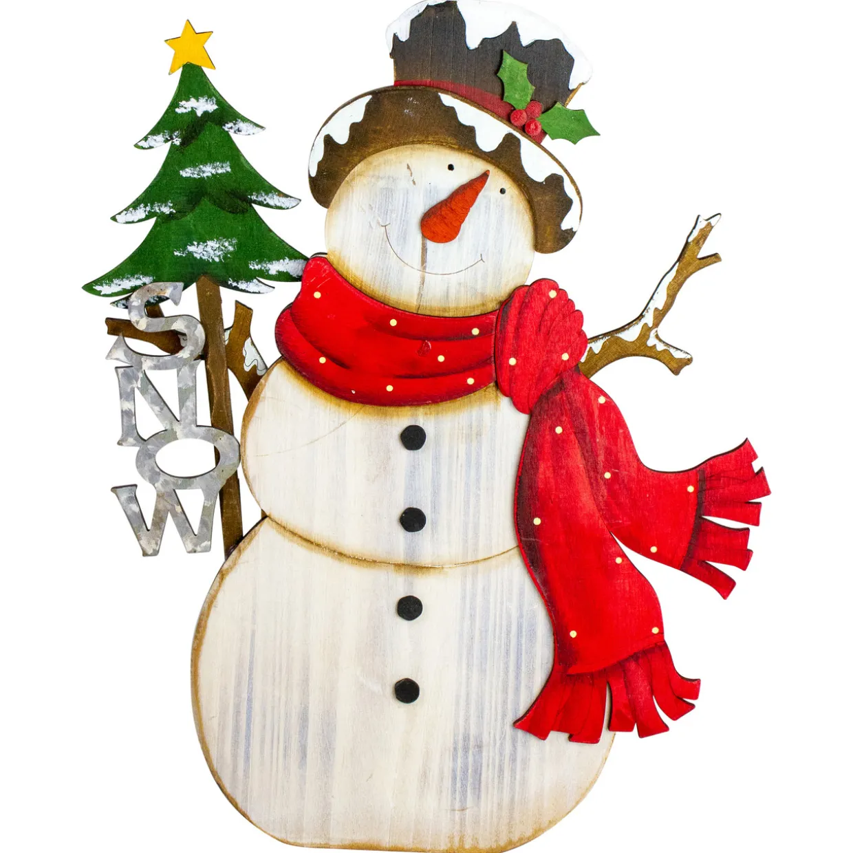 Snowman with "Snow" and Pine Tree Sign Wooden Christmas Decoration - 18"