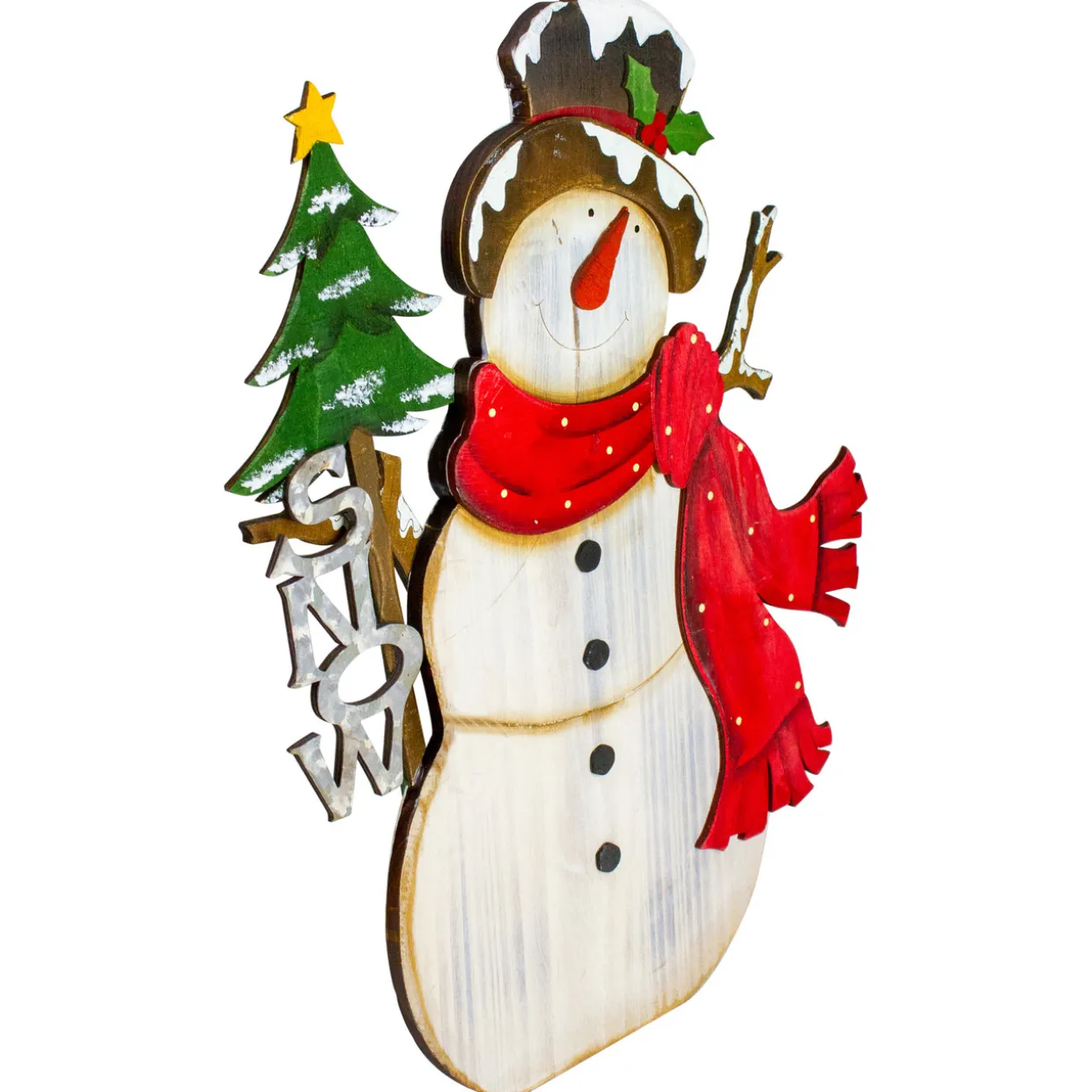 Snowman with "Snow" and Pine Tree Sign Wooden Christmas Decoration - 18"