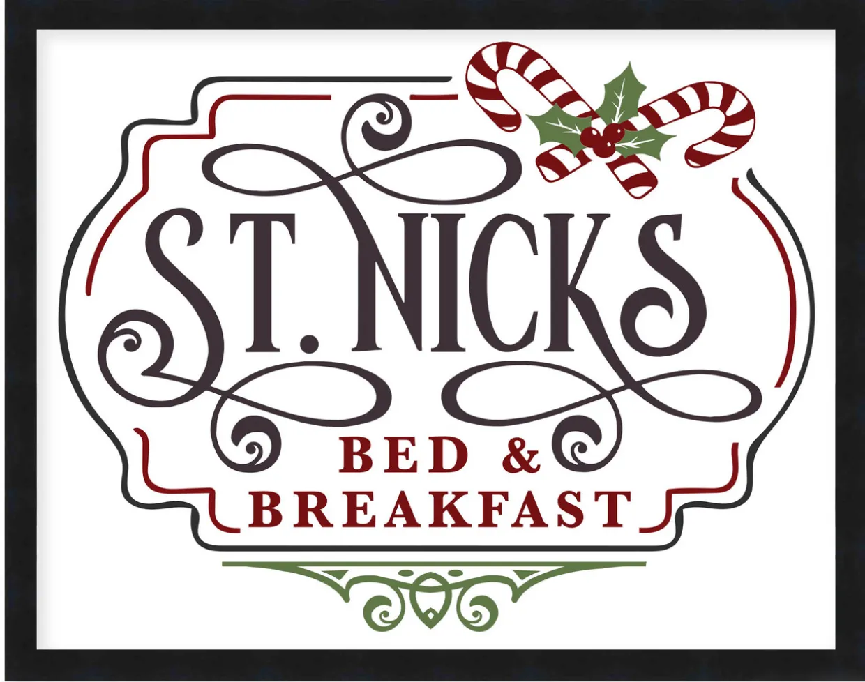 St Nick's Bed and Breakfast 15.5" x 19.5" Framed Christmas Wall Decor Art Print Sign Poster in a Black Wooden Frame with UV Acrylic and Hangers