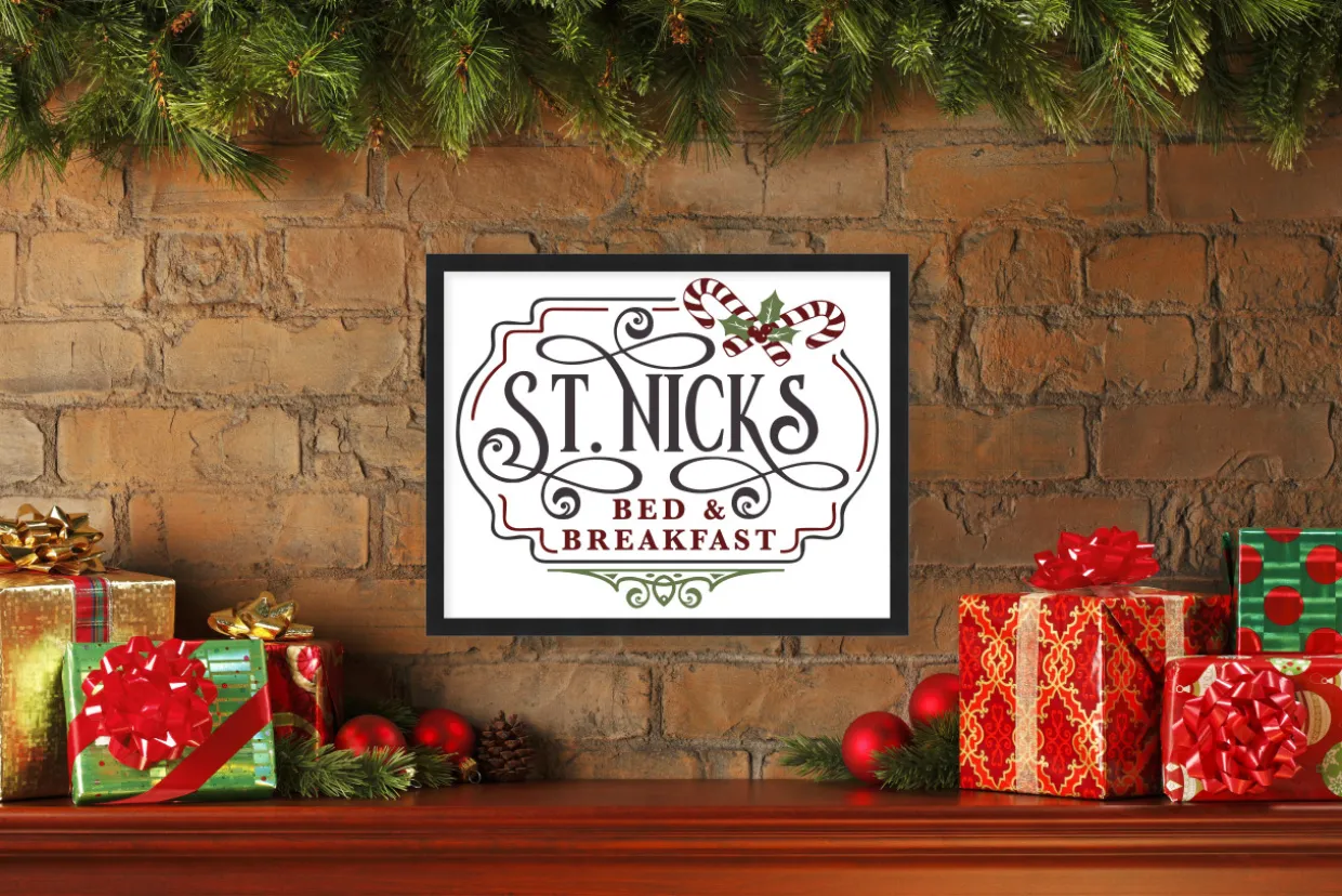 St Nick's Bed and Breakfast 15.5" x 19.5" Framed Christmas Wall Decor Art Print Sign Poster in a Black Wooden Frame with UV Acrylic and Hangers