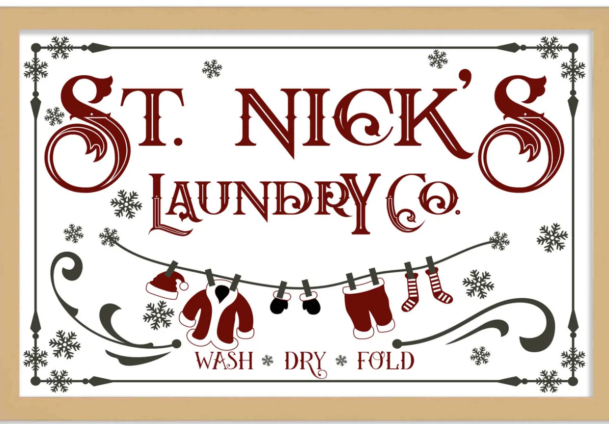 St Nick's Laundry Company Laundry Room 14.5" x 20.5" Framed Christmas Wall Decor Sign Poster in a Natural Wooden Frame with UV Acrylic and Hangers