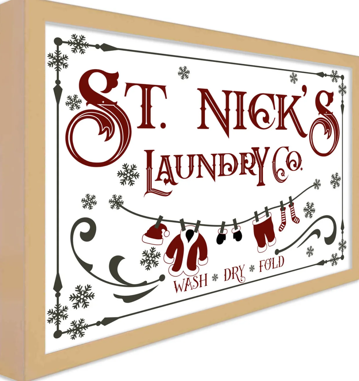 St Nick's Laundry Company Laundry Room 14.5" x 20.5" Framed Christmas Wall Decor Sign Poster in a Natural Wooden Frame with UV Acrylic and Hangers