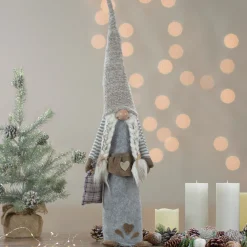 Standing Girl Gnome with Plaid Toy Sack Christmas Figure - 27" - Gray and Beige