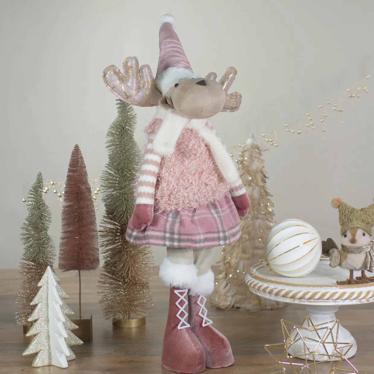 Standing Girl Moose Christmas Figurine - 26" - Pink and Beige