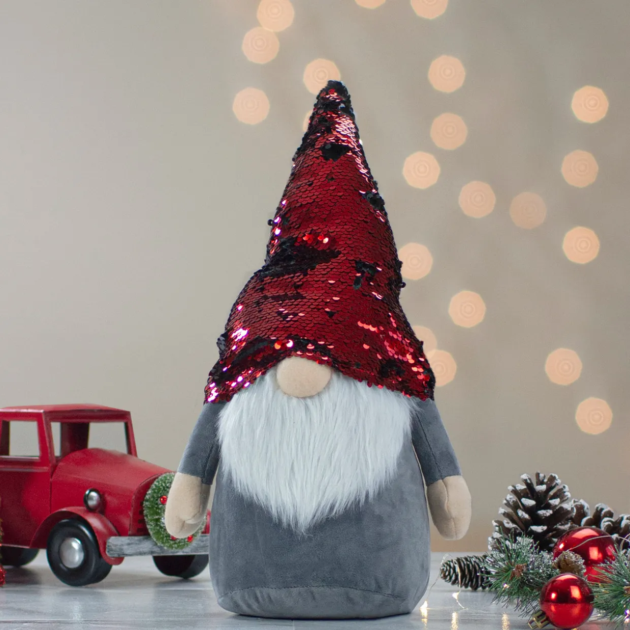 Standing Gnome with Flip Sequin Hat Christmas Figure - 11" - Red and Gray