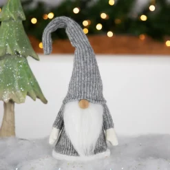 Standing Knitted Gnome Christmas Figure - 14" - Gray and White