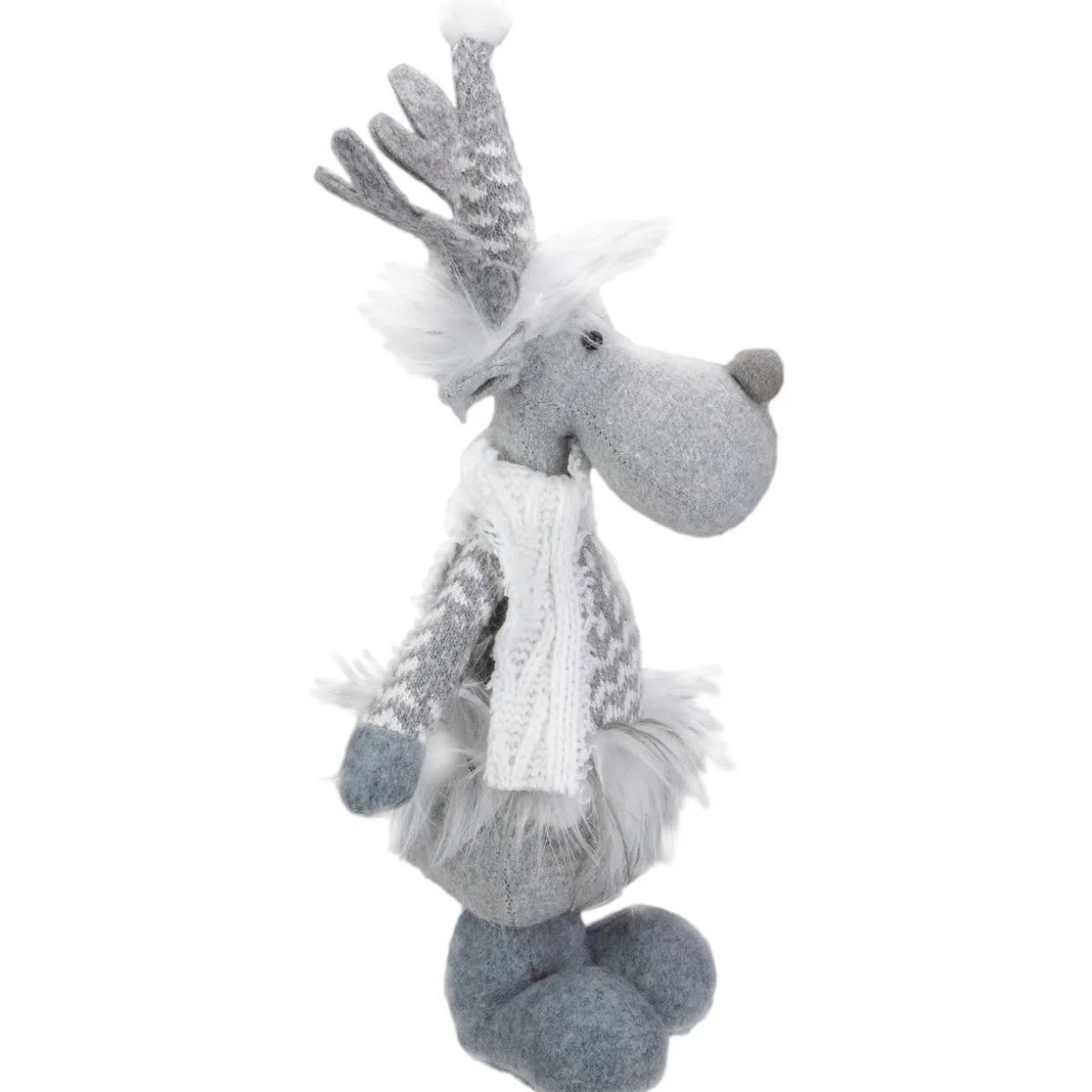 Standing Moose with Faux Fur Christmas Figure - 12" - Gray and White