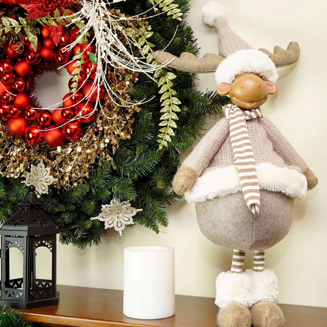 Standing Plush Moose with Matching Hat and Scarf Christmas Figure - 24.75" - Beige