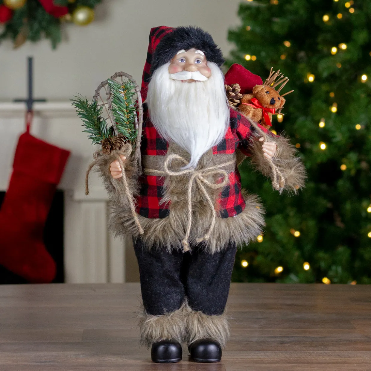 Standing Santa Christmas Figure with Snow Shoes and Bear - 18"