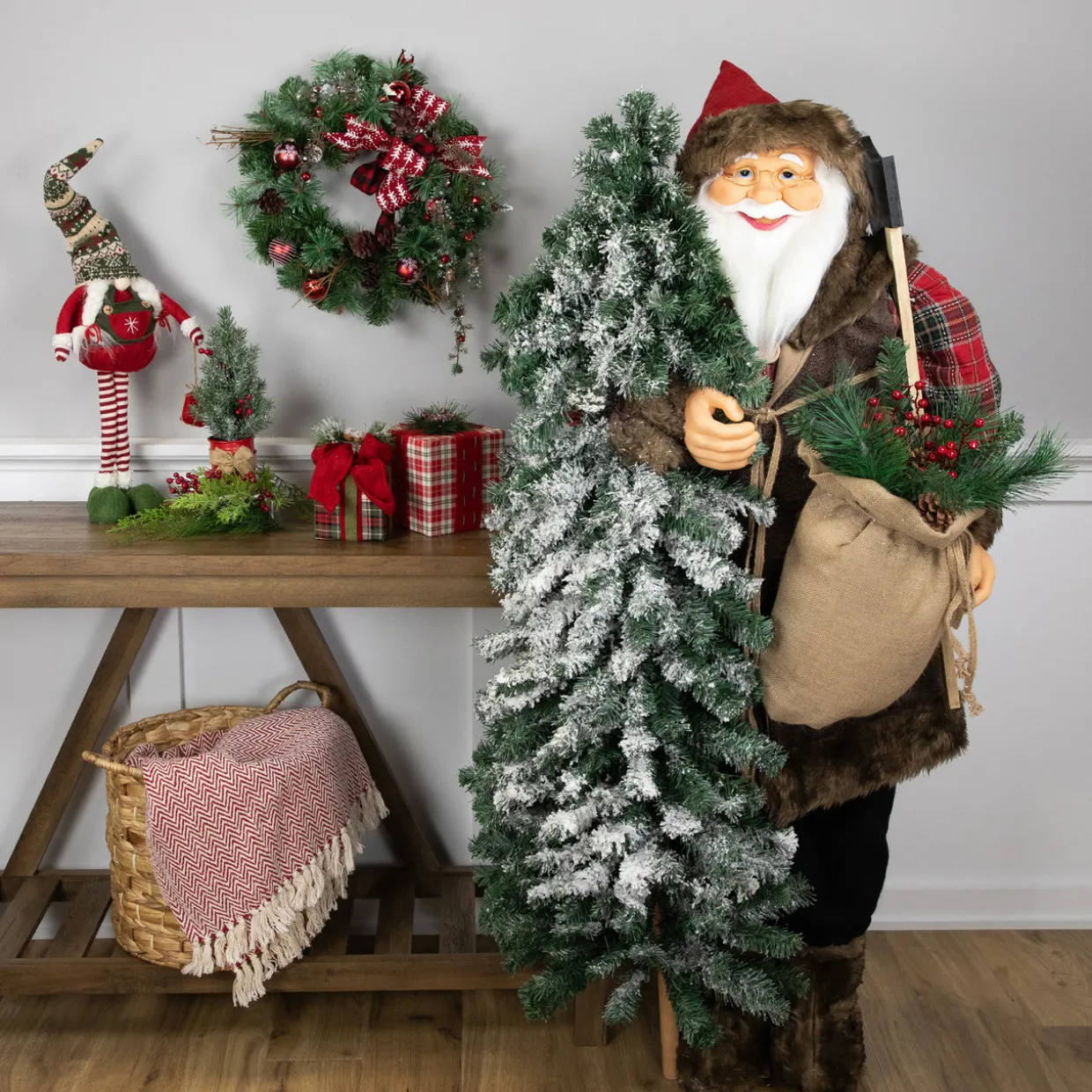 Standing Woodland Santa Claus with Flocked Alpine Tree Commercial Christmas Figure - 5'
