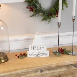 Star Topped Tree "Merry Christmas" Wooden Block Decoration - 6.75"