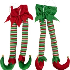 Striped Plush Elf Legs Christmas Decorations - 19" - Red and Green - Set of 2