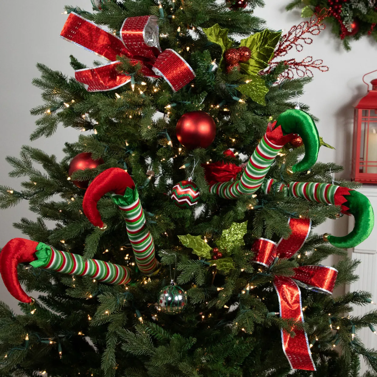 Striped Plush Elf Legs Christmas Decorations - 19" - Red and Green - Set of 2