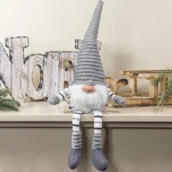 Striped Sitting Gnome Christmas Figure - 22" - Gray, White and Black