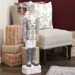 Sunnydaze Alexei the Defender Indoor Nutcracker Statue with LED Lights - Christmas/Holiday Decor - Silver - 36"