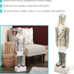 Sunnydaze Alexei the Defender Indoor Nutcracker Statue with LED Lights - Christmas/Holiday Decor - Silver - 36