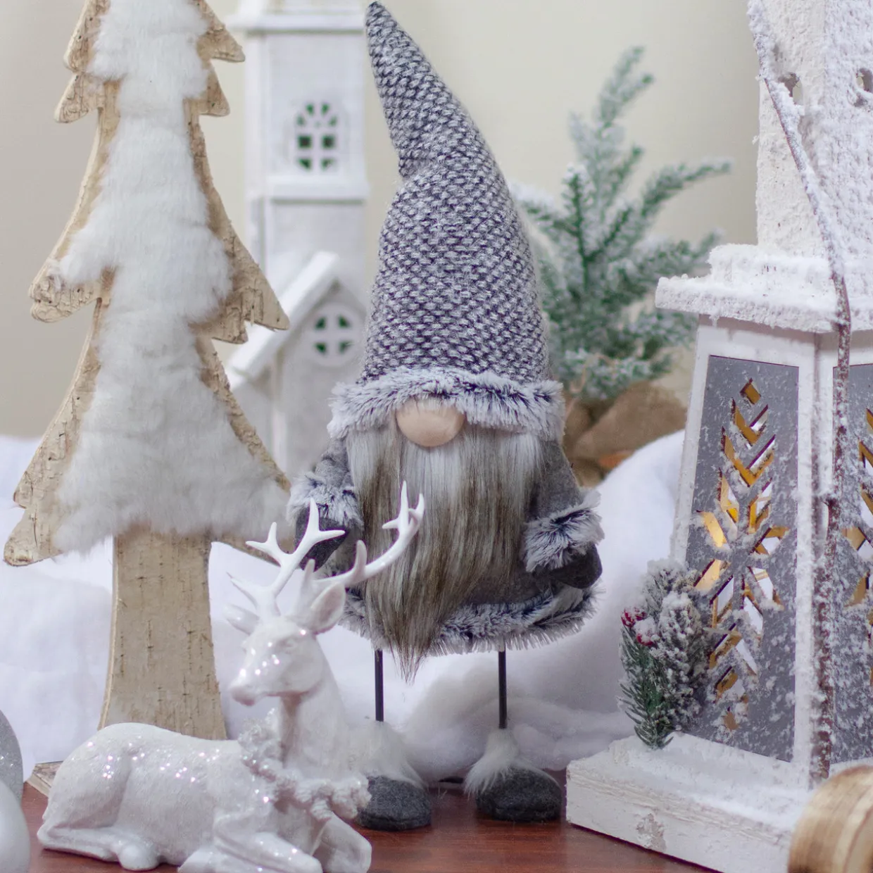 Swaying Standing Gnome Christmas Figure - 17" - Gray and Beige