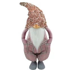Tall Christmas Gnome Figure with Plaid Overalls Sequin Hat - 30" - Pink and Gray