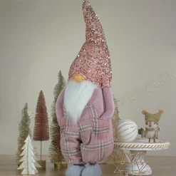 Tall Christmas Gnome Figure with Plaid Overalls Sequin Hat - 30" - Pink and Gray