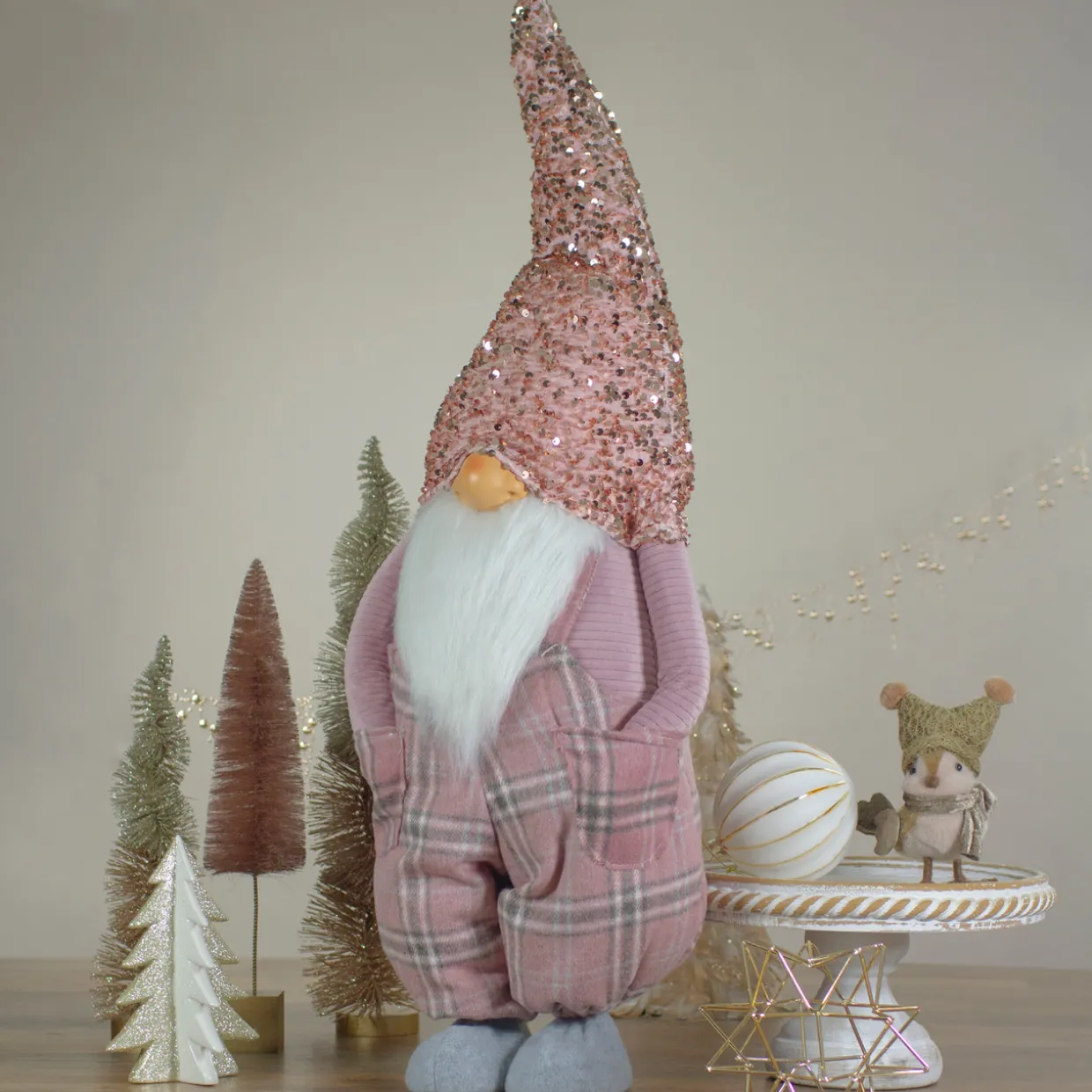 Tall Christmas Gnome Figure with Plaid Overalls Sequin Hat - 30" - Pink and Gray