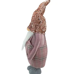 Tall Christmas Gnome Figure with Plaid Overalls Sequin Hat - 30